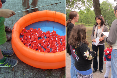 links: Kind angelt Badeente; rechts: Meri Uhlig im Gespräch